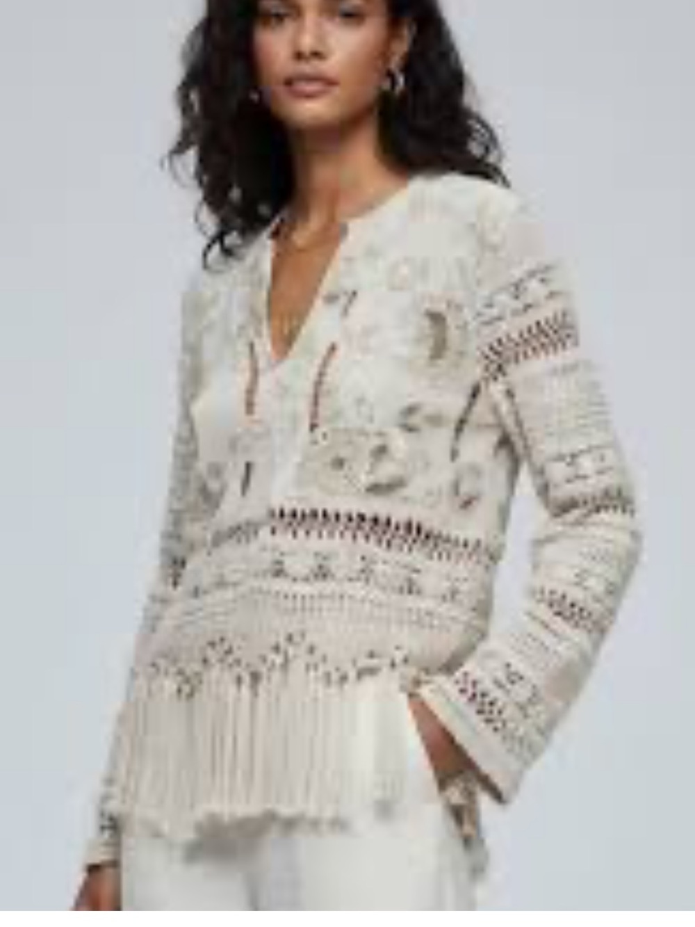 Zara Cream Crochet Fringe V-Neck Blouse